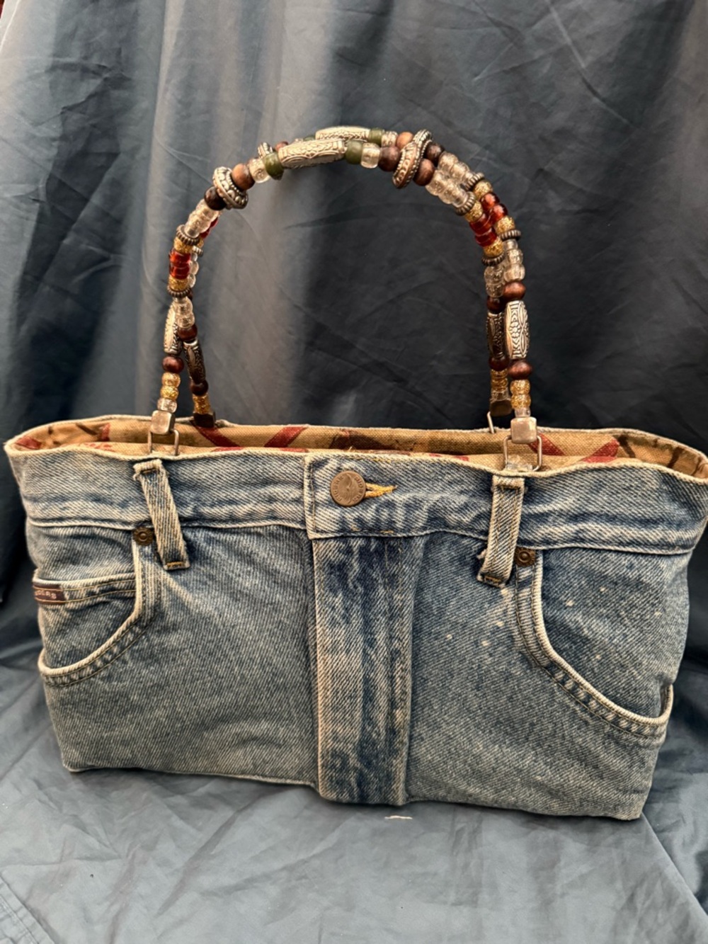 Denim Tote Bag with Beaded Handles - Blue Original BOOTY BAG brand